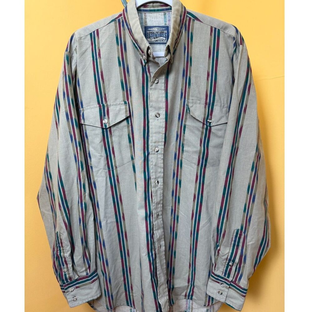 Vtg Karman Western Essentials Shirt Men Large Striped Aztec Brushpopper Rodeo